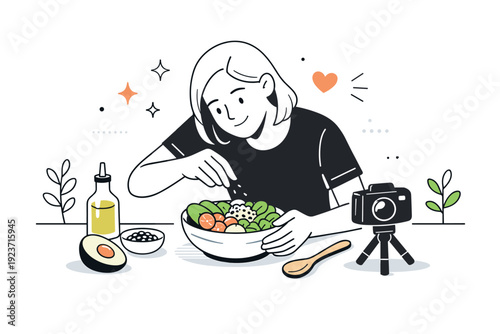 Food styling for social media and influencers. Influencer adding final touches to a bowl of healthy food, careful and focused preparation