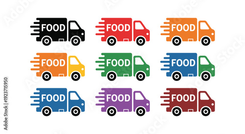 Nine colorful food delivery trucks with speed lines in various colors on white background