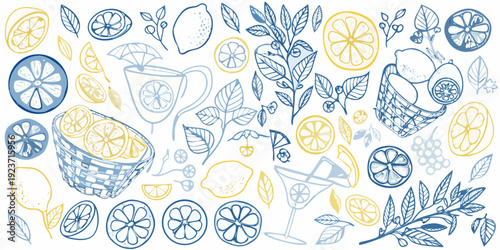 A colorful sketched pattern of lemons leaves and beverage accessories