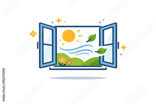 Spring window light open window with gentle sunlight and light breeze accents, conveying renewal, openness, and fresh air entering the space.