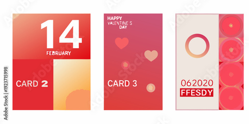 Three vibrant rectangular cards with numbers hearts and text designs