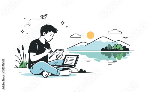 Young man working remotely outdoors by a serene lake with mountains and sun