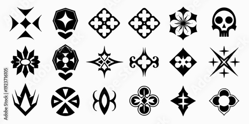 Collection of black and white symmetrical gothic and tribal style icons