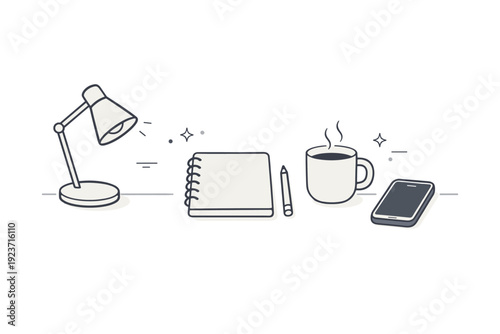Morning desk setup. Simple flat objects like notebook, lamp, cup, and phone placed in a neat composition, symbolizing the beginning of a focused routine. Calm