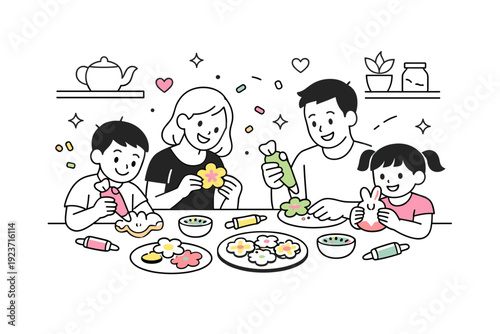 Spring cookie decorating. Kids and adults happily icing flower- and bunny-shaped cookies together, floating sprinkle and heart icons,