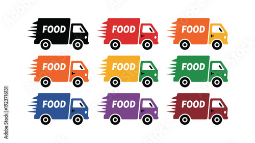 Nine colorful food delivery trucks in a grid with speed lines and bold text vehicles transportation