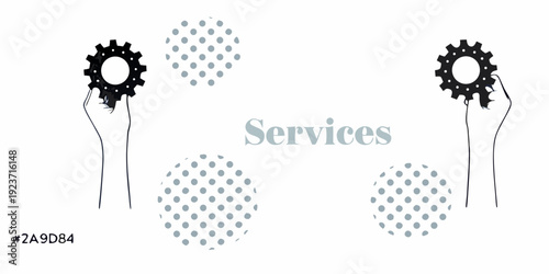 Hands holding gears with halftone dots and the word services