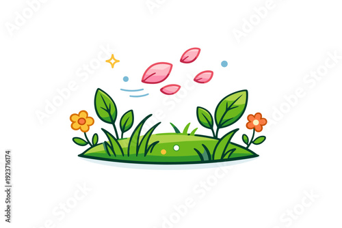 Spring nature background gentle meadow scene with leaves, grass and floating petals, conveying freshness, growth and seasonal harmony.