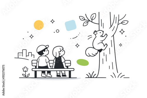 Squirrel visiting city park. A squirrel climbing a tree as children watch from a bench, abstract floating shapes and subtle stars