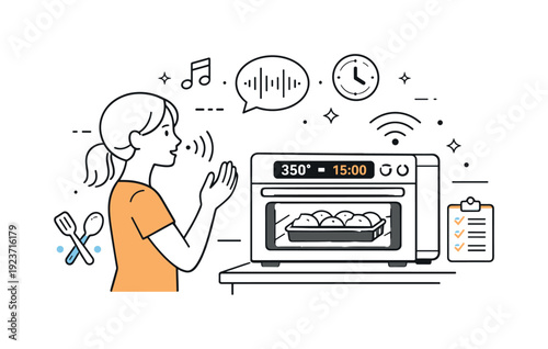 Woman using voice command to control smart oven for baking food, modern kitchen technology