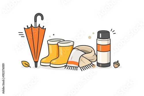 Autumn Essentials Design. Fall daily items. Umbrella, boots, scarf, and thermos grouped together, symbol of everyday autumn routine. Clean editorial pack with
