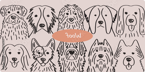 A collection of sketched dog portraits in a repeating pattern