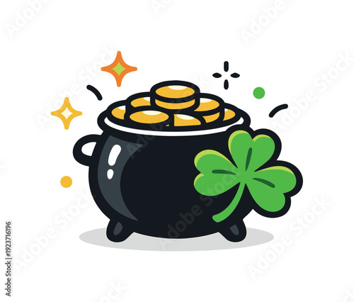 Pot of gold with shamrock and sparkles, a symbol of luck and wealth