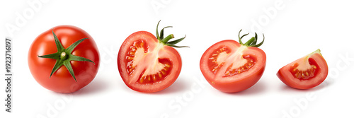 Set of fresh red tomato with cut sliced isolated on white background. Top view. Flat lay.