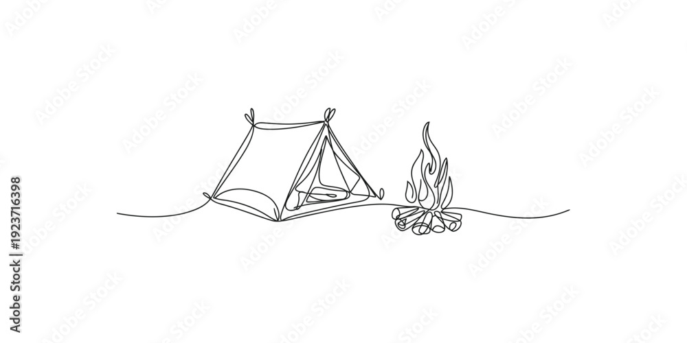 Obraz premium Simple line drawing of a camping tent next to a crackling campfire in the wilderness.