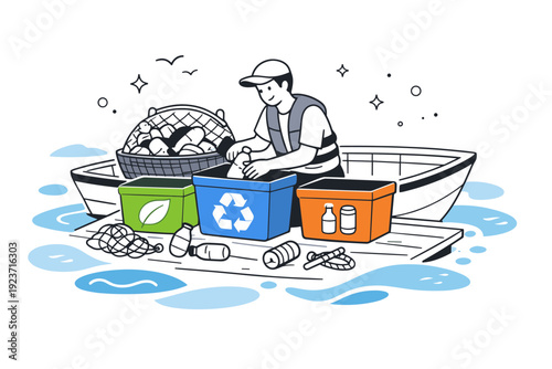 Ocean clean-up projects. Person sorting collected trash into recycling containers on a small boat, focused and organized process. Calm