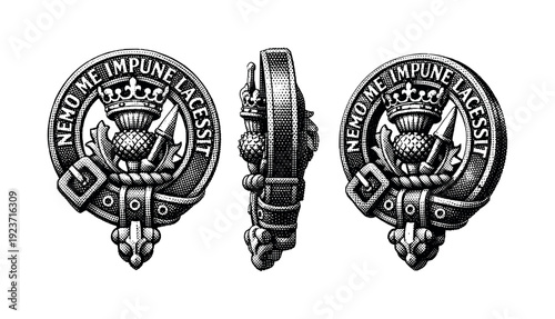 Scottish clan badge with thistle and motto Nemo Me Impune Lacessit