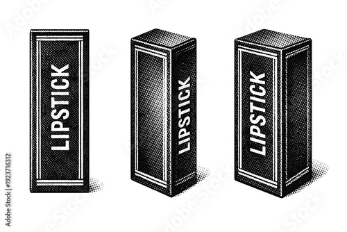 Lipstick box packaging. A rectangular lipstick box with vertical branding layout and border accents is shown from three different angles: front view, angled