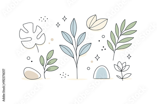 Abstract botanical shapes. Organic leaf-inspired forms and gentle curves floating with plenty of white space, calm and decorative mood.