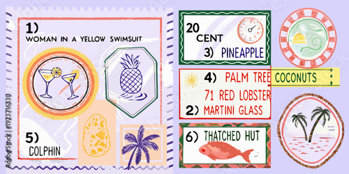 Colorful postage stamps depict tropical themes and whimsical illustrations