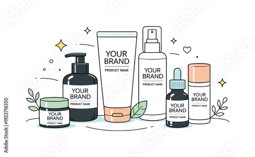 Collection of cosmetic products and skincare bottles with minimalist design elements