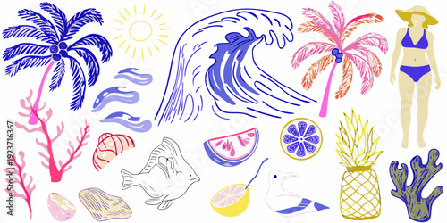 Colorful hand drawn summer illustration featuring tropical themes and beach elements