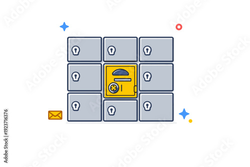 PO box door in a clean grid of lockers with one highlighted compartment, suggesting individuality, privacy and ownership within a shared