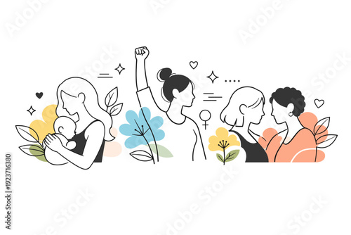 International Women?s Day backgrounds. Abstract female silhouettes blended with soft floral shapes, calm and empowering mood. Balanced composition celebrating