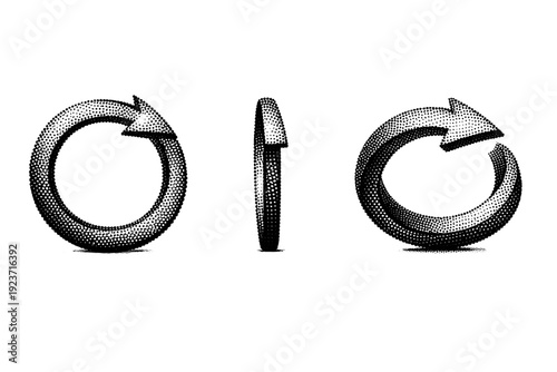 Halftone dotted circular arrow shown as a single object presented in three views: front view, side view, and three-quarter view. Black and white dot style with