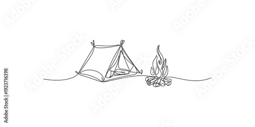 Simple line drawing of a camping tent next to a crackling campfire in the wilderness.