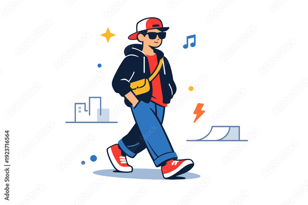 Fototapeta premium Urban street style focused on a walking city character with relaxed posture and minimal architectural elements, representing freedom, rhythm,