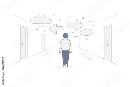 Corridors as liminal spaces. Person walking slowly down a corridor with abstract elements like floating arrows or soft shapes ahead. Forward