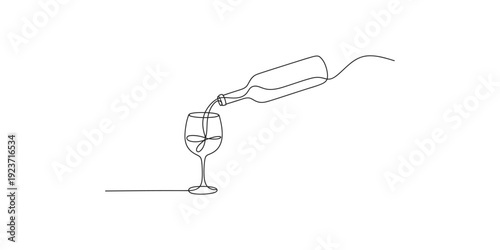 Minimalist one line drawing of a wine bottle pouring red wine into a glass on white background.