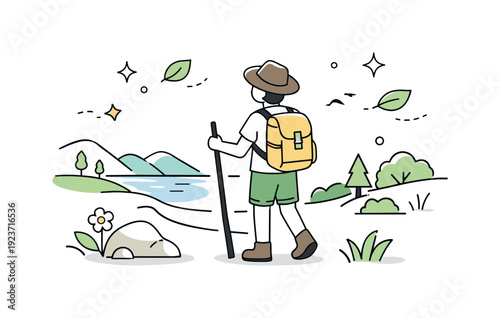 Cartoon hiker with backpack and walking stick exploring a scenic landscape with mountains and lake