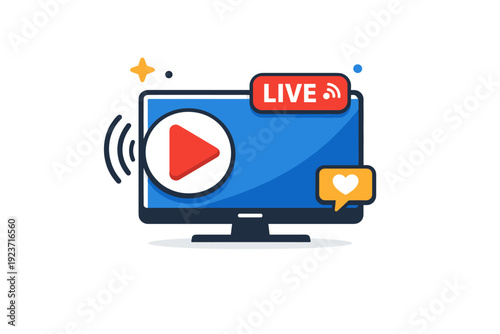 Streaming and live broadcast entertainment a television screen combined with play and live icons, reflecting modern reality shows watched