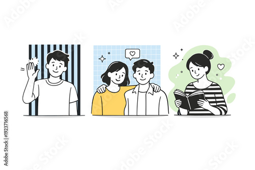 Textures and patterns. Small group framed by patterned backgrounds using stripes, grids, and organic shapes. Subtle texture enhancing personality and mood