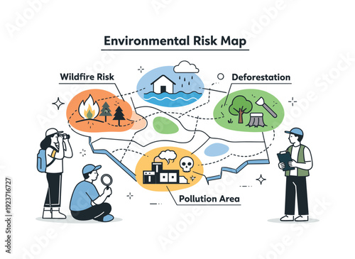 Environmental risk map showing wildfire, deforestation, pollution, and flood zones with researchers
