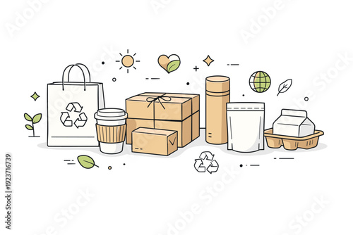 Eco packaging minimal set. A collection of simple recyclable packages made of paper and cardboard, neatly arranged with small eco symbols.