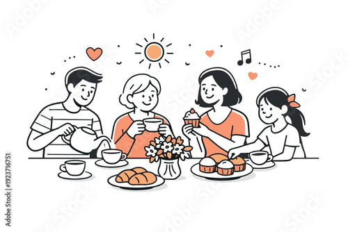 Spring cafe celebration. Small group enjoying fresh pastries and tea under soft sunlight, gentle blooms on table, welcoming and festive mood.