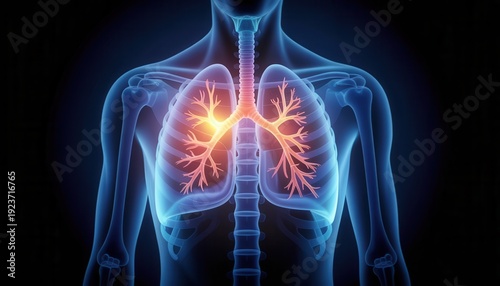 3d rendering of human lungs showing bronchi and inflammation or infection in the right lung lobe against a dark background