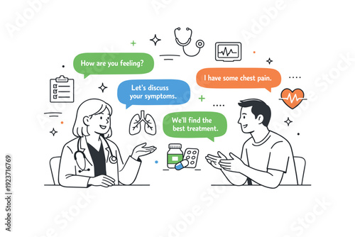 Medical consultation. Friendly discussion between doctor and patient with floating dialogue and medical icons, calm scene emphasizing clarity and empathy.