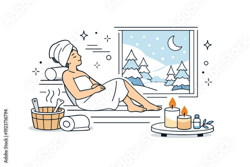 Winter spa and sauna relaxation. A quiet evening relaxation scene with a person resting by a window after sauna, snow visible outside, candle