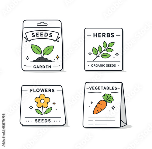 Seed packets for garden, herbs, flowers, and vegetables in a simple illustration style