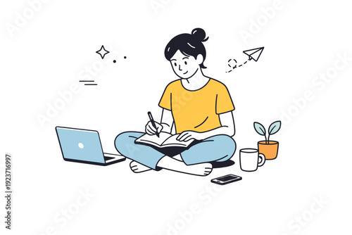 Floor Workspace Serenity. People sitting on floors. One person sits on the floor with a laptop or notebook nearby, working calmly in an informal setting. Sense