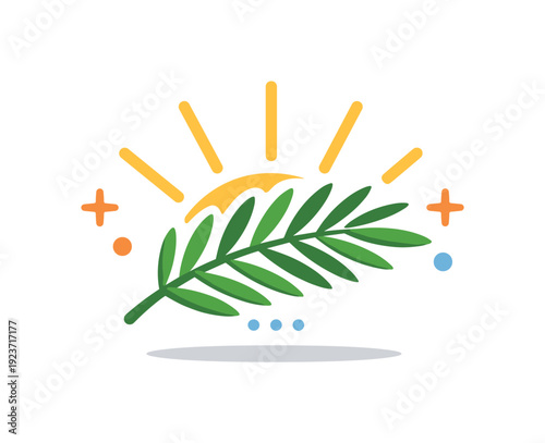 Stylized sunburst behind a green palm frond with decorative elements