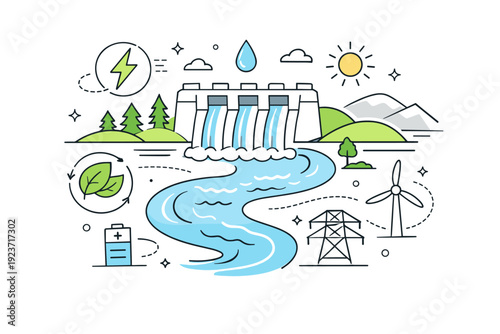 Hydropower system. An abstract river scene with a modern dam, soft waves, and energy icons flowing around. The composition is balanced and