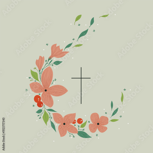 Vector drawing, Christian cross with flowers. Religious symbol, Easter holiday. Coloring book