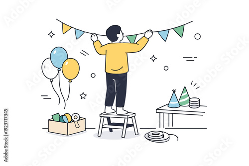 Party illustrations. Person hanging simple garlands and balloons in a clean interior space. Quiet preparation, anticipation, and creative