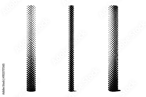 Vertical halftone dotted divider illustrated as one upright divider object shown in three views: front view, side view, and three-quarter