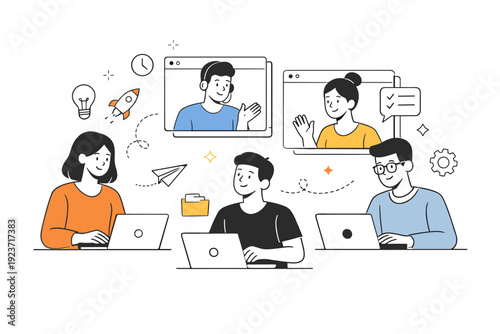Remote startup teamwork. Team members collaborating through laptops and video call windows, showing flexible modern work. Calm digital